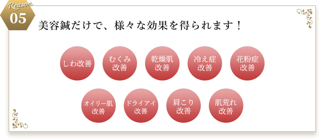 Reason 05 美容鍼だけで、様々な効果を得られます！​・しわ改善​・むくみ​改善​・乾燥肌​改善​・冷え症​改善・花粉症改善・オイリー肌改善・ドライアイ改善・肩こり​改善​・肌荒れ改善​