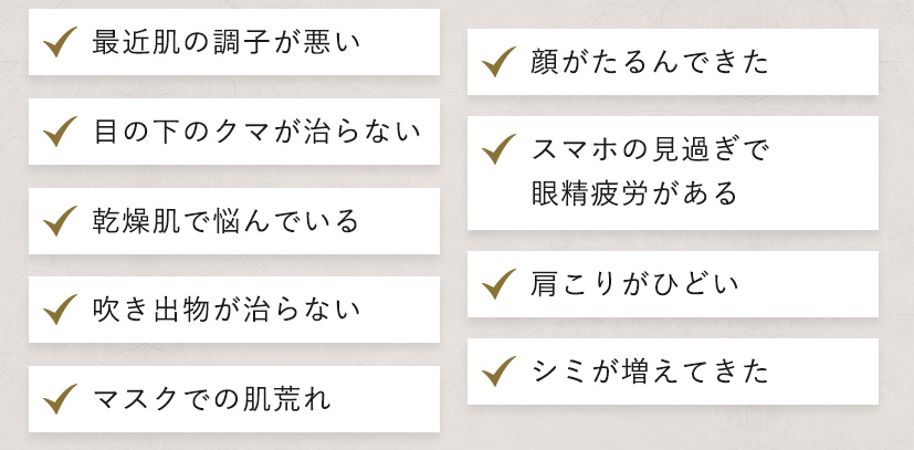 最近肌の調子が悪い 顔がたるんできた 目の下のクマが治らない スマホの見過ぎで眼精疲労がある 乾燥肌で悩んでいる 肩こりがひどい 吹き出物が治らない シミが増えてきた